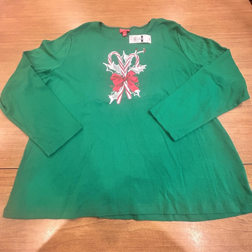 Holiday Lane Shirt Womens Plus 2X Green Candy Cane Holly L/S Christmas XMAS NWT